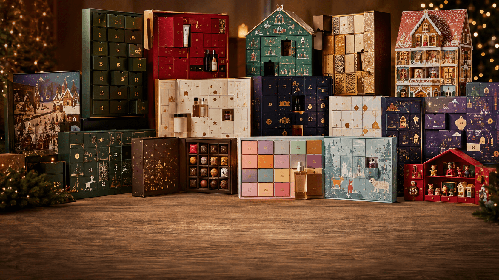 A wide assortment of advent calendars in different styles β perfume, chocolate, jewelry, pet, and toy calendars β arranged on a wooden floor in a warm, string-lit room